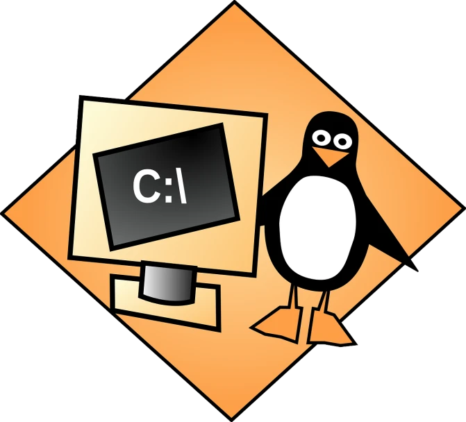 a penguin standing next to a computer monitor, by Robert Childress, computer art, orange and black, emblem, uses c4, incrinate