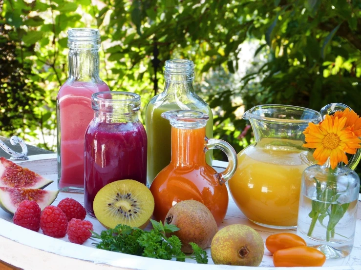 a variety of fruits and juices sitting on a table, behaelterverfolgung, botanicals, profile pic, homemade