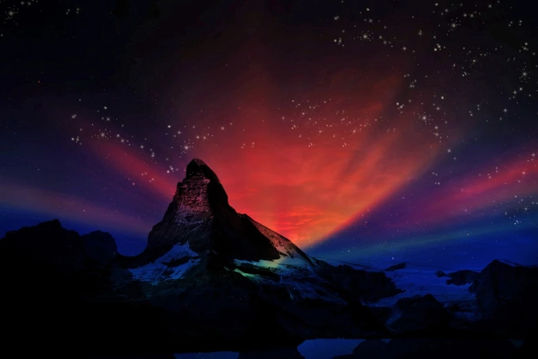 a mountain covered in snow under a colorful sky, space art, northen lights background, red and orange glow, very beautiful photo, stunning screenshot