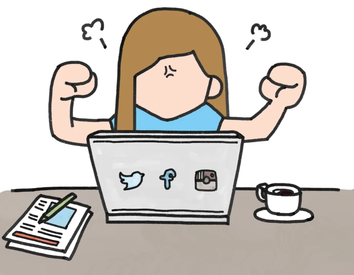 a woman sitting in front of a laptop computer, an illustration of, tumblr, fists in the air, busy people, !!!! very coherent!!!!, upset the coffee does not work