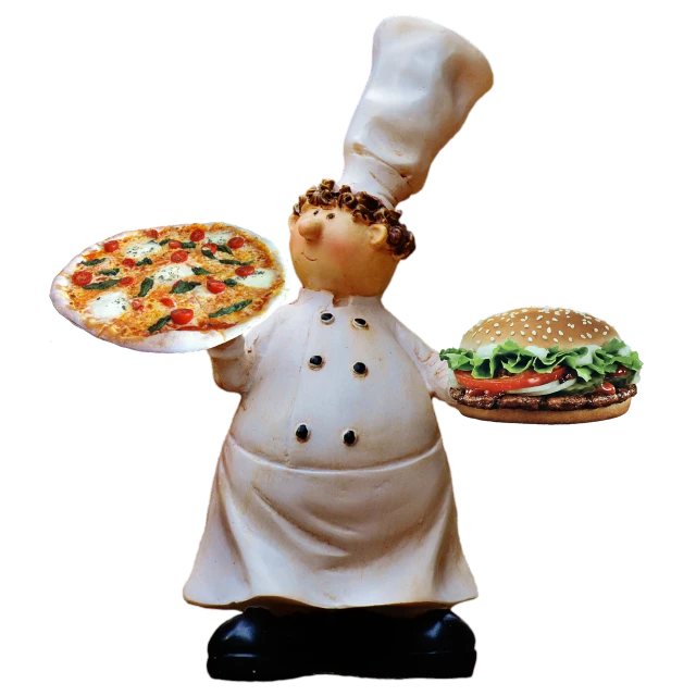 a statue of a chef holding a plate of food, a picture, by Susan Heidi, figuration libre, pizza advert, serving burgers, photo render, pizza!