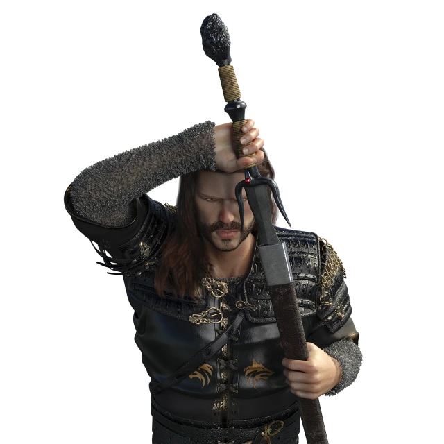 a man dressed in armor holding a sword, a digital rendering, inspired by Þórarinn B. Þorláksson, realism, in game capture 3d render, clasps his bangs in one hand, johnny silverhand, richard iv the roman king photo