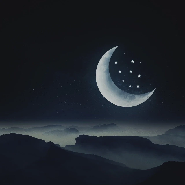 a night sky with a crescent and stars, concept art, on moon, dreamy mood, extremely high resolution, mystic illustration