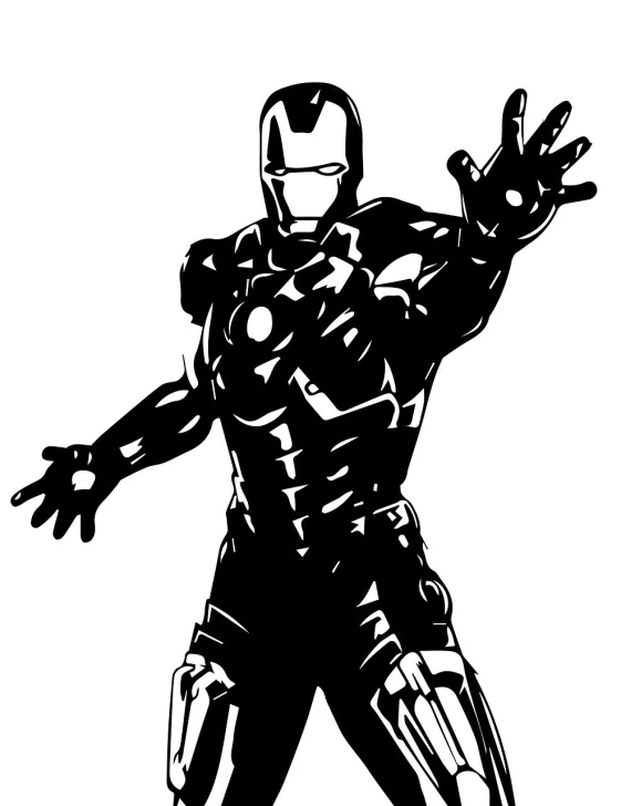 a black and white drawing of a iron man, vector art, inspired by Mike Deodato, figuration libre, waving, black stencil, mkbhd as iron man, isolated on white background