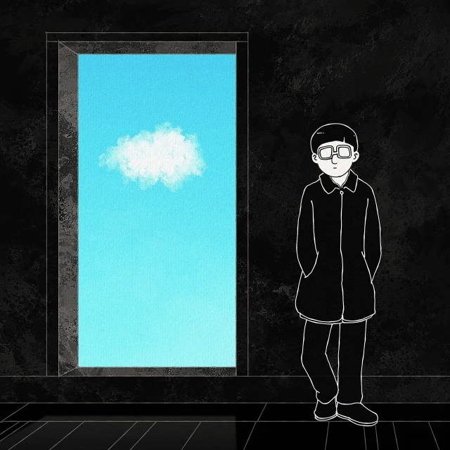 a man standing in front of an open door, an illustration of, conceptual art, fat cloud, with black eyeglasses, cold blue light from the window, teenage boy