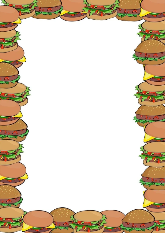 a picture of a frame made up of hamburgers, an illustration of, whole page illustration, long, stacked image, very humorous illustration