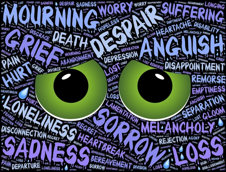 a close up of a green eye on a black background, a picture, lowbrow, words, depressed sad expression, vector, with anxious