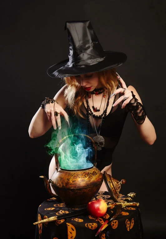 a woman in a witch costume preparing food, shutterstock, karol bak uhd, bubbling cauldron!, advertising photo, black magician girl