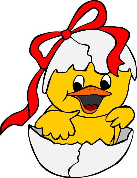 a yellow duck in an egg shell with a red bow, inspired by Carl Barks, pixabay, mingei, black, girl, kitty, newly hatched dragon