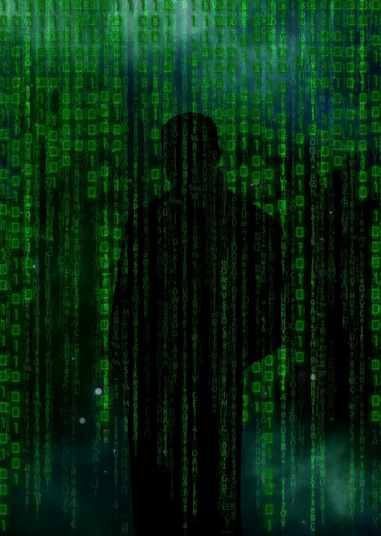 a man standing in front of a green screen, a digital rendering, by Bernard Meninsky, digital art, matrix code, eerie person silhouette, top secret style photo, nitid and detailed background