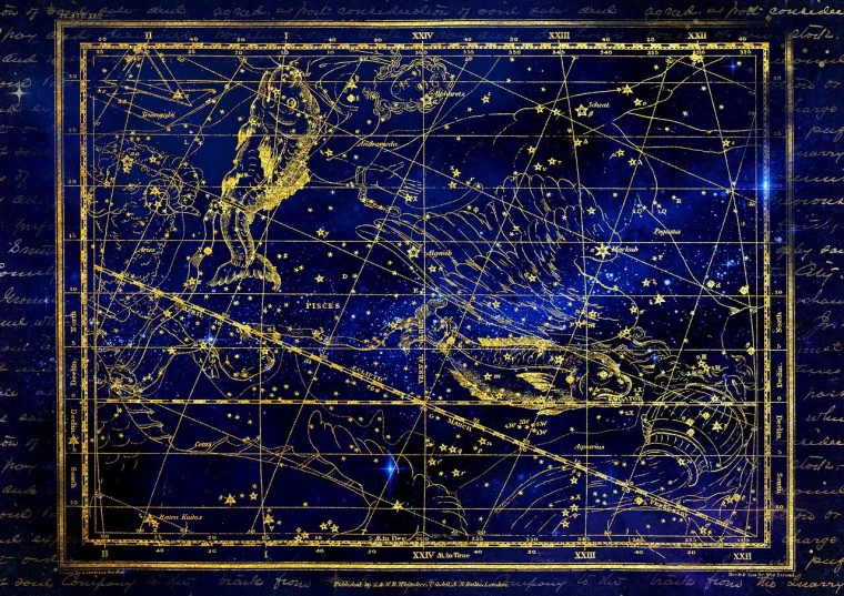 a blue and gold map of the night sky, by Samuel Scott, shutterstock, star charts, very detailed background, pisces, on a clear magnificent night sky