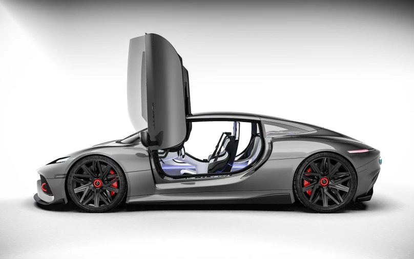 a silver sports car with its doors open, a digital rendering, inspired by João Artur da Silva, superflat, nesting glass doors, kama russian electrocar, automotive photography, sauroform hybrid