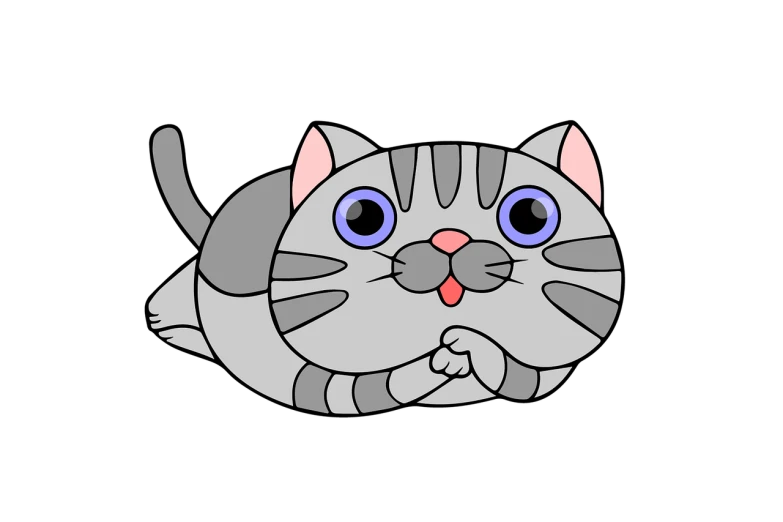 a gray and white cat with blue eyes, a drawing, mingei, on a flat color black background, fat chibi grey cat, japanese animation style, worm round mouth