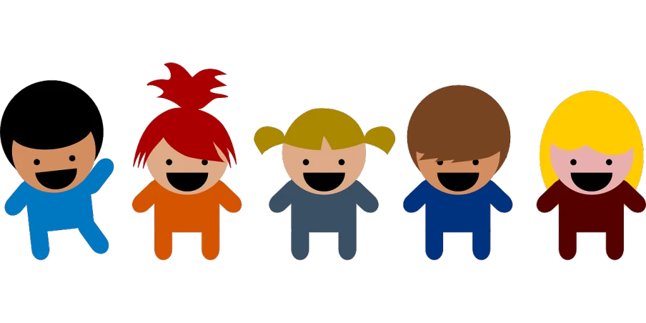 a group of children standing next to each other, a cartoon, by Jesper Knudsen, pixabay, smiling laughing, different hair colors, three dwarf brothers, [[[[grinning evily]]]]