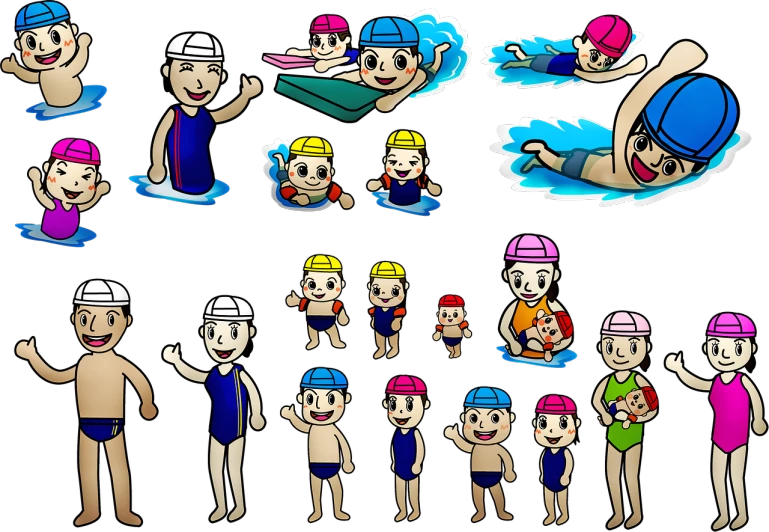 a group of people that are standing in the water, a cartoon, by Nishida Shun'ei, shutterstock, process art, sports mascot, asset sheet, on black background, poolside