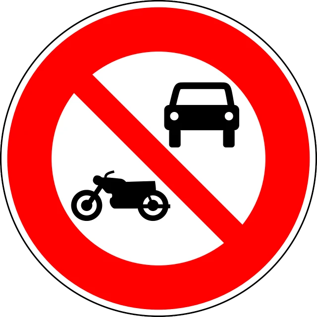 a red and white sign with a picture of a motorcycle and a car, pixabay, forbidden, no logo!!!, round, alessandro barbucci