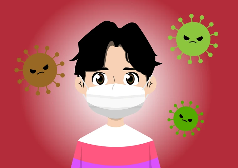 a close up of a person wearing a face mask, an illustration of, shutterstock, shin hanga, plague and fever. full body, teen boy, in red background, such as bacteria
