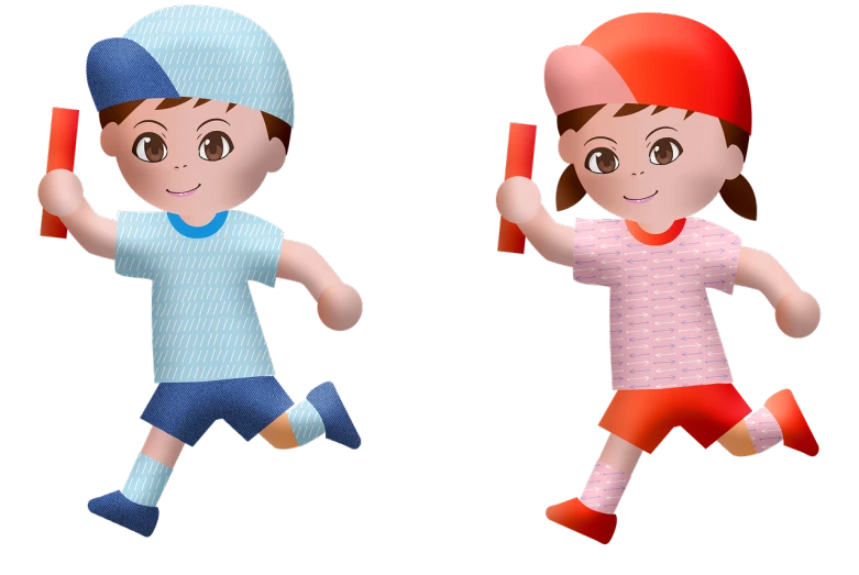 a couple of dolls that are standing next to each other, inspired by Junpei Satoh, digital art, wearing a baseball cap, running sequence, toddler, 3 d icon for mobile game