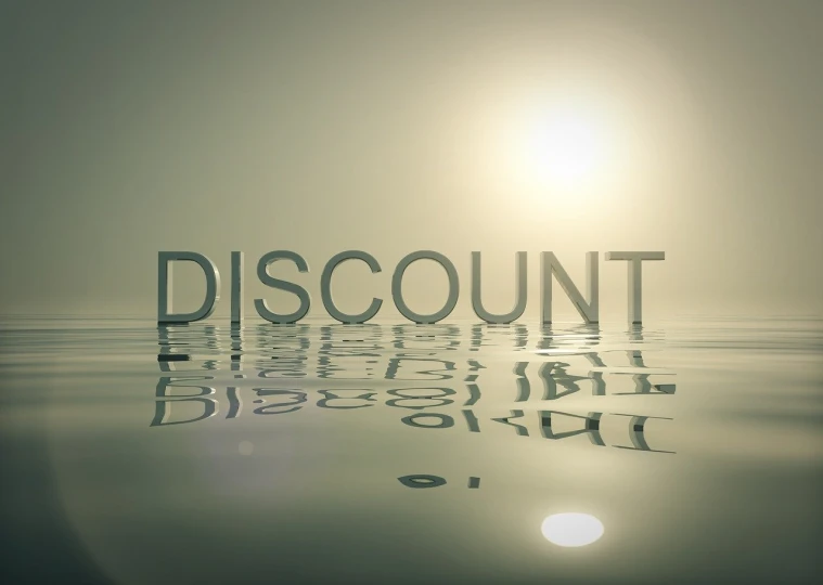 the word discount is reflected in the water, digital art, discreet lensflare, document photo, mirror and glass surfaces, on a pale background