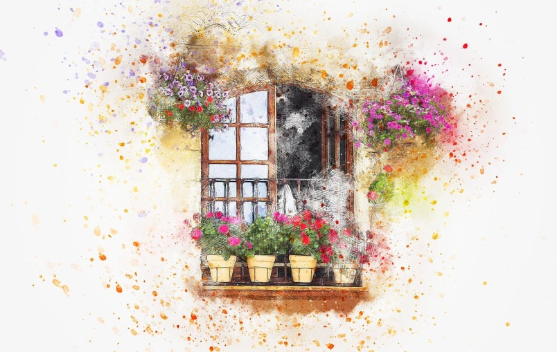 a watercolor painting of a window with potted plants, shutterstock, explosion of flowers, mixed media style illustration, photo of a beautiful window, a beautiful artwork illustration