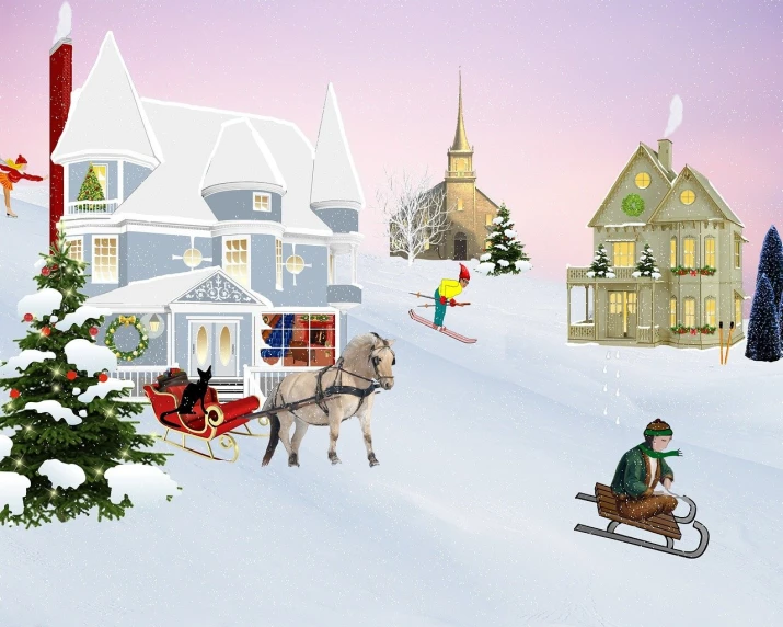 a christmas scene with a horse pulling a sleigh, a storybook illustration, inspired by Tove Jansson, houses and buildings, drawn with photoshop, quebec, promo