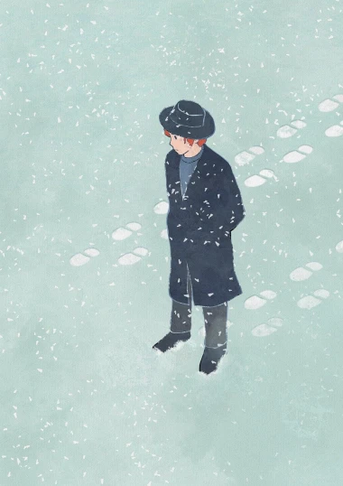 a painting of a person standing in the snow, an illustration of, by Yanagawa Nobusada, tumblr, editorial illustration, boy, no gradients, looking at the ground