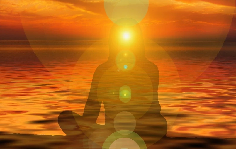 a person sitting in the middle of a body of water, a digital rendering, by Kurt Roesch, shutterstock, sacral chakra, sun at dawn, stock photo