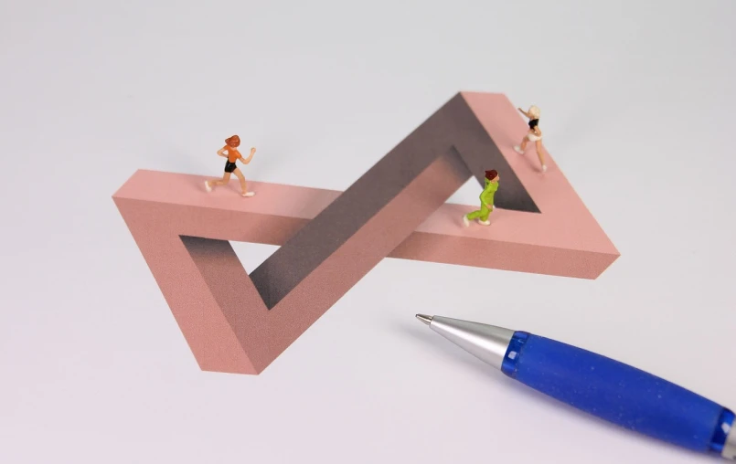 a pen sitting on top of a piece of paper, by jeonseok lee, conceptual art, tiny people walking below, zig zag, kirigami, chromatic 3d geometry