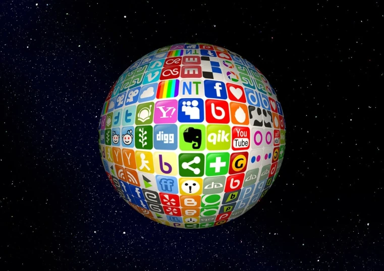 a sphere with a variety of social icons on it, digital art, digital art, nigth, ad image, flikr, square