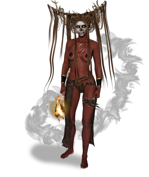 a woman that is standing in front of a fire, a digital rendering, inspired by Brom, vanitas, attractive pagan male deity, voodoo!!, second life avatar, mangeta smoke red light