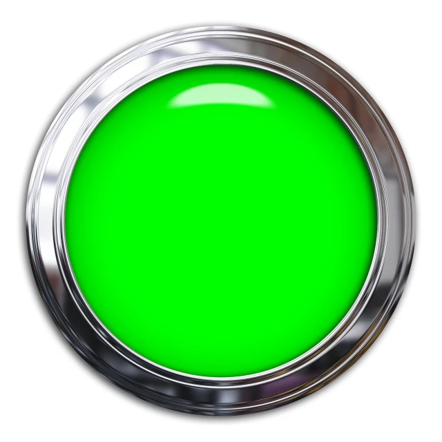 a close up of a green button on a white background, a digital rendering, chrome silver, bright rim light, monitor, rgb