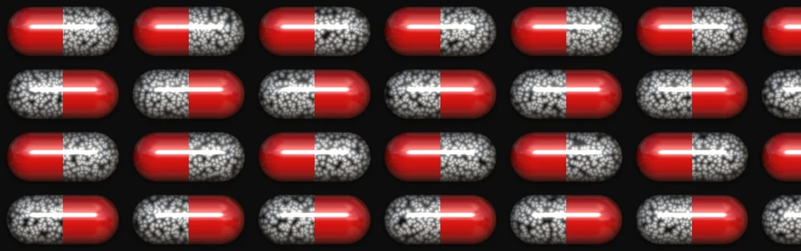 a lot of red pills on a black background, by Jon Coffelt, digital art, gray black white and red noir, bio chemical illustration, one on each side, blimps