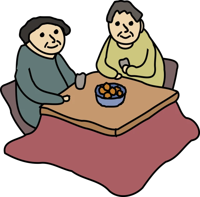 two men sitting at a table with a bowl of food, by Ayako Rokkaku, pixabay, mingei, card game illustration, blank, [ [ soft ] ], older woman