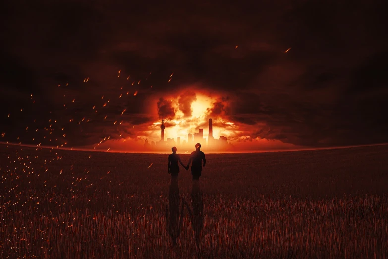 two people standing in a field at sunset, a matte painting, romanticism, nuclear explosion, the city is on fire, cinematic movie photo