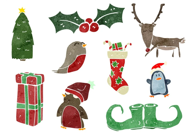 a collection of christmas items on a white background, vector art, inspired by Ernest William Christmas, shutterstock, animal shapes, well worn, 8k!, print!