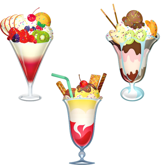 three ice cream sundaes with different toppings, concept art, glass tableware, [ everything is floating ]!!!, satin, black forest