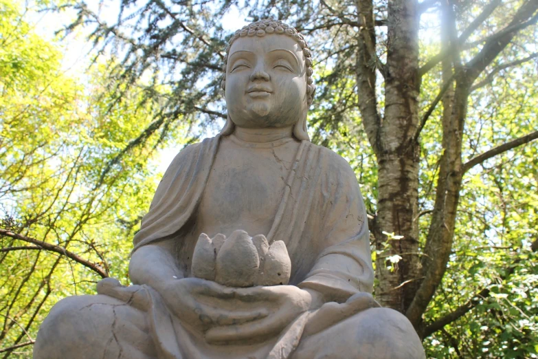 a statue sitting in the middle of a forest, inspired by Saneatsu Mushanokōji, concrete art, sitting on a lotus flower, medium detail, oregon, eating