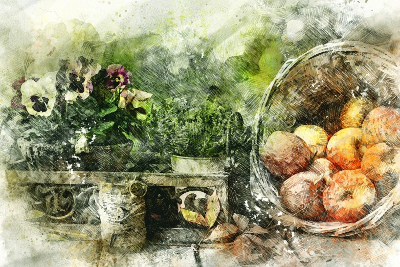 a painting of a basket of apples and pansies, a digital painting, process art, kitchen background, ink wash painting, ultrawide watercolor, nostalgic atmosphere