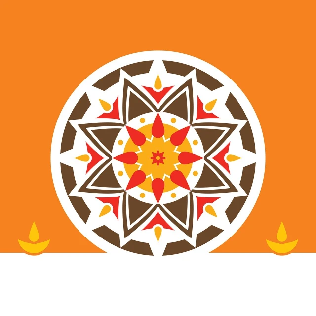 a decorative design on an orange background, by Odhise Paskali, featured on shutterstock, lying on a mandala, icon with a halo of fire, bollywood, flat illustration