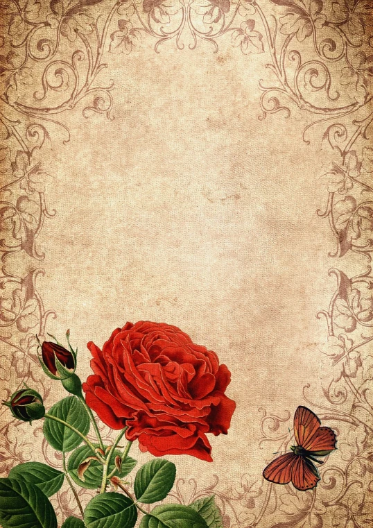 a red rose with green leaves and a butterfly, romanticism, textured parchment background, wild west background, mobile wallpaper, manuscript