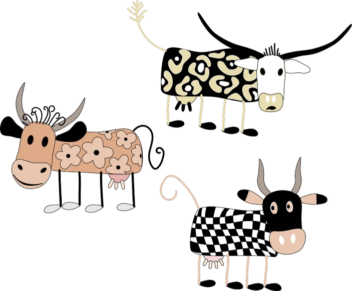 a couple of cows standing next to each other, a digital rendering, trending on pixabay, naive art, on black background, three animals, weird scribbles, ornately dressed