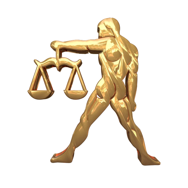 a gold statue of a woman holding a balance scale, by Aleksander Kotsis, digital art, lawyer, taurus zodiac sign symbol, cutout, on black background