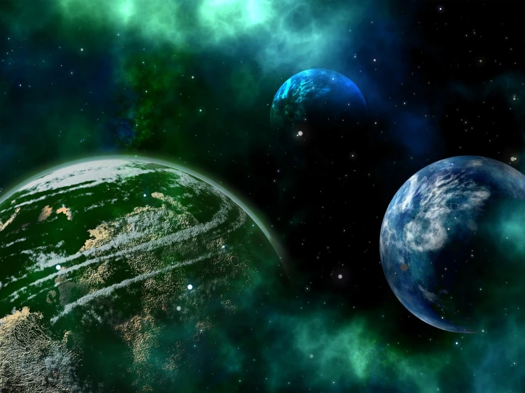 a couple of planets that are in the sky, a digital rendering, space art, green and blue, feeds on the entire cosmos, three fourths view, nebulas in background