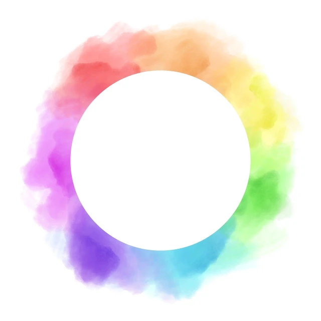 a rainbow colored circle on a white background, a watercolor painting, inspired by Shūbun Tenshō, color field, watercolor painting style, white space in middle, colorful]”, color smoke