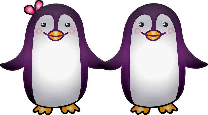 a couple of penguins standing next to each other, a digital rendering, pixabay, mingei, purple, two arms that have sharp claws, lesbian, merged character