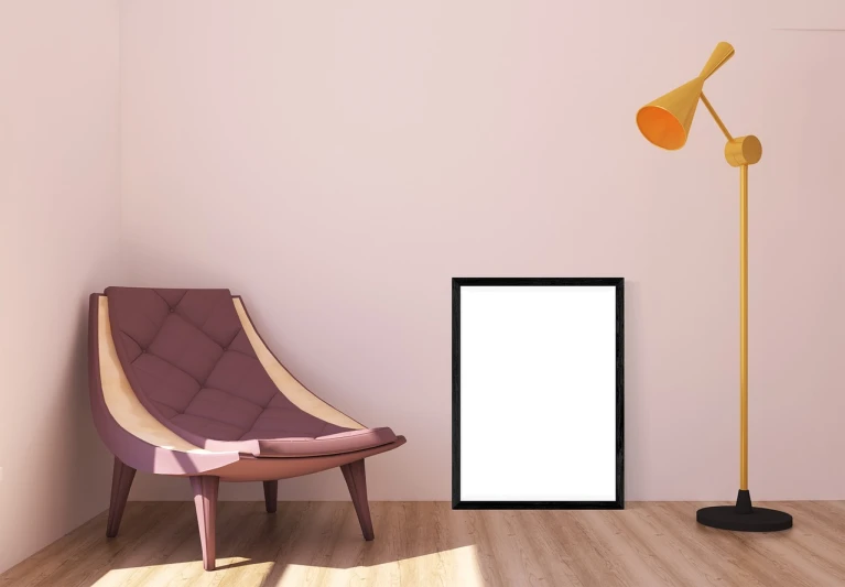 a chair and a picture frame in a room, shutterstock, postminimalism, pink and orange colors, ray lighting from top of frame, matt mute colour background, tilted frame