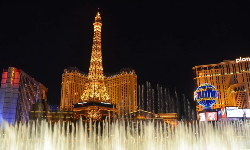 a fountain of water in front of the eiffel tower, pexels, visual art, well lit night in las vegas, stock photo, usa-sep 20, village