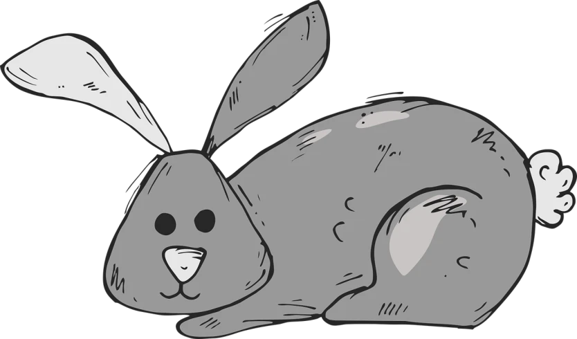 a black and white drawing of a rabbit, a cartoon, inspired by Shūbun Tenshō, pixabay, lying down, grey and silver, colored accurately, full screen