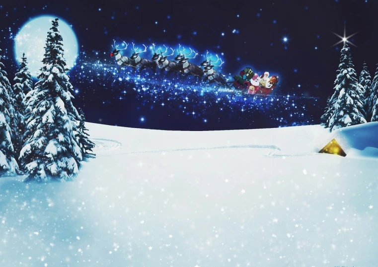 a painting of santa's sleigh flying over a snowy landscape, inspired by Sylvia Sleigh, pexels, digital art, photo taken at night, elves, background image, album photo