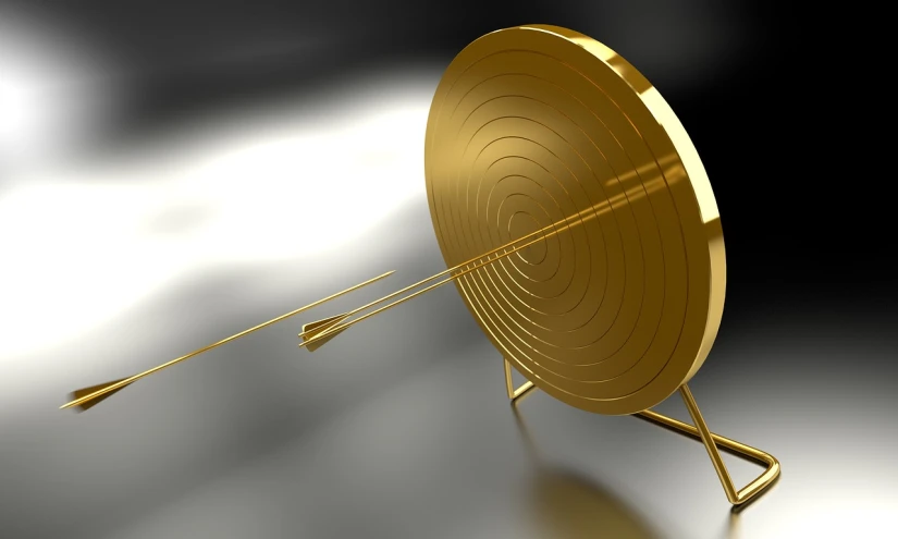 a golden target with two arrows sticking out of it, a digital rendering, pixabay contest winner, gong, characteristics of golden curve, flat metal antenna, cool marketing photo